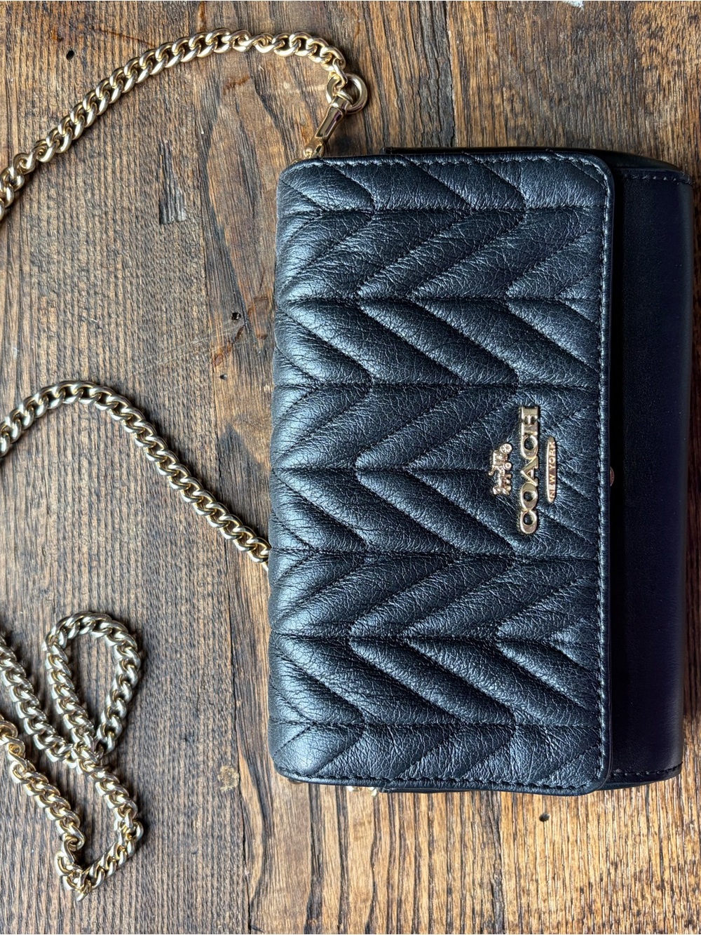 COACH Black Quilted Leather Crossbody with Gold Chain